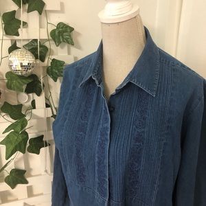 Vintage Talbots Western Top Denim Pleated Floral Buttondown Prairie Shirt Sz L